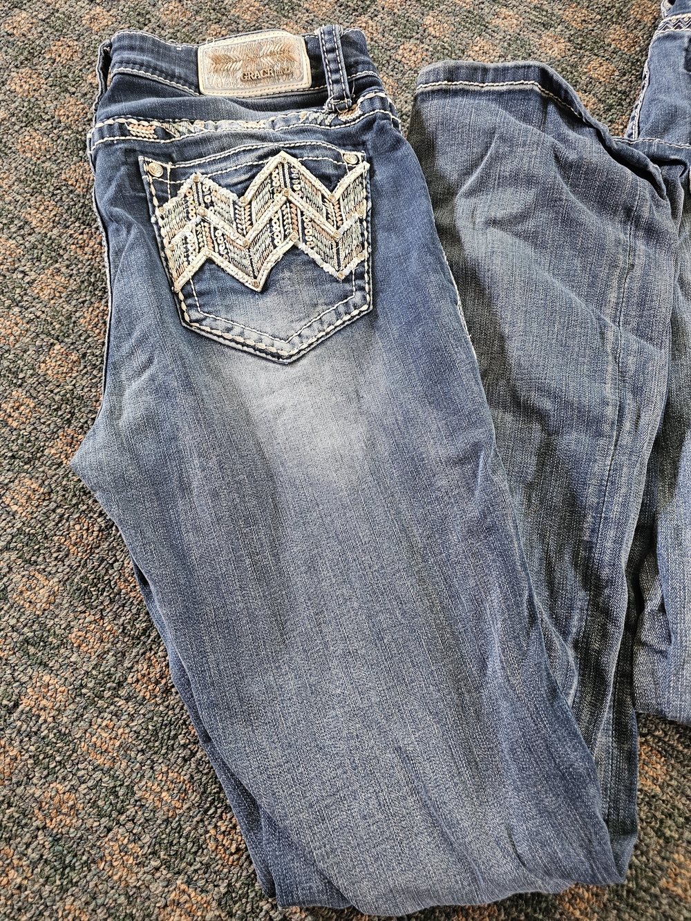 Grace in LA Women's Blue Bootcut Jeans with Embroidered Chevron Pockets